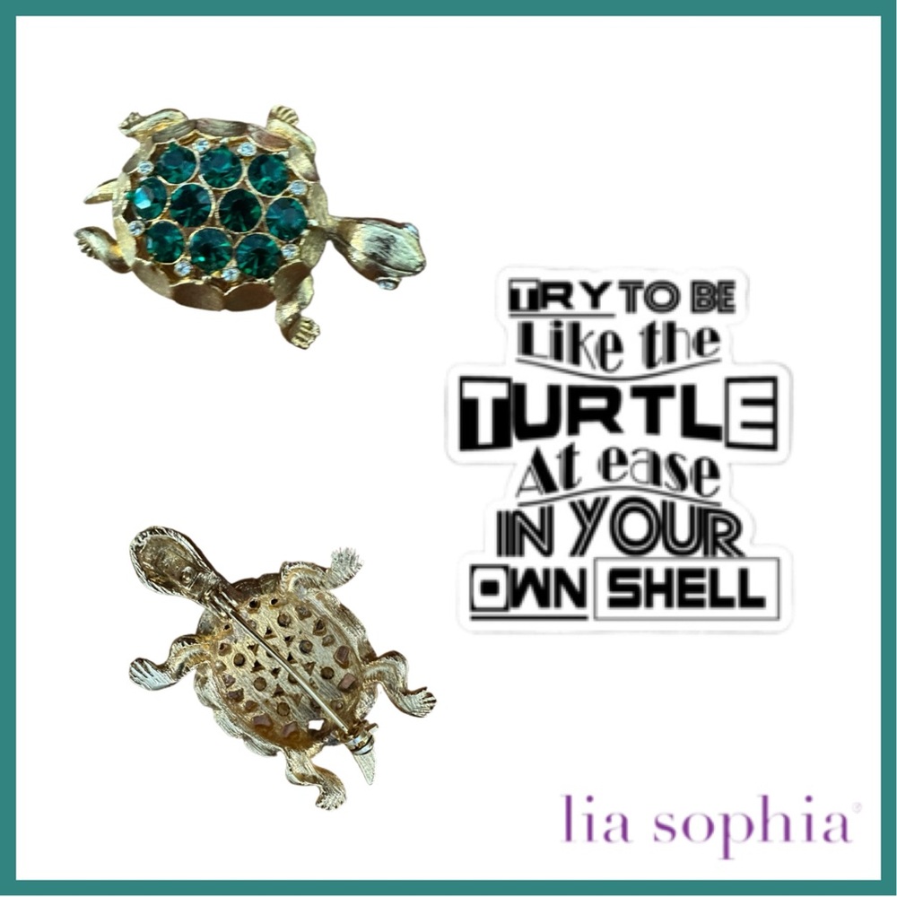 LIA (Vintage Lia Sophia) Turtle Pin w/Green and Clear Gems. Gold Tone
